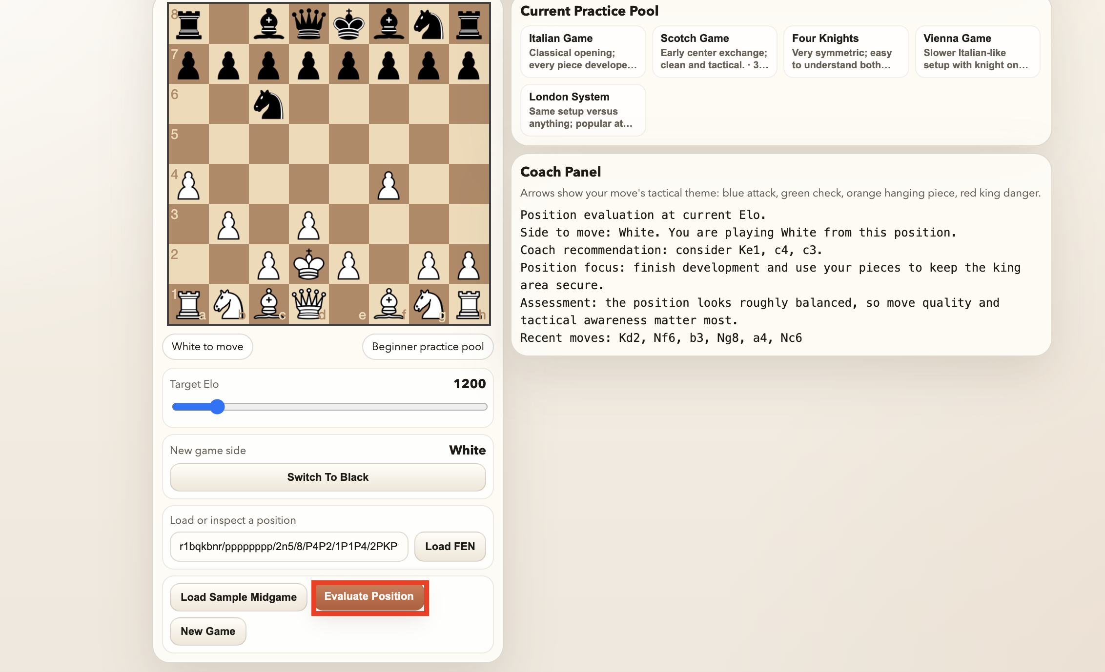 Evaluate Position output at Elo 1200