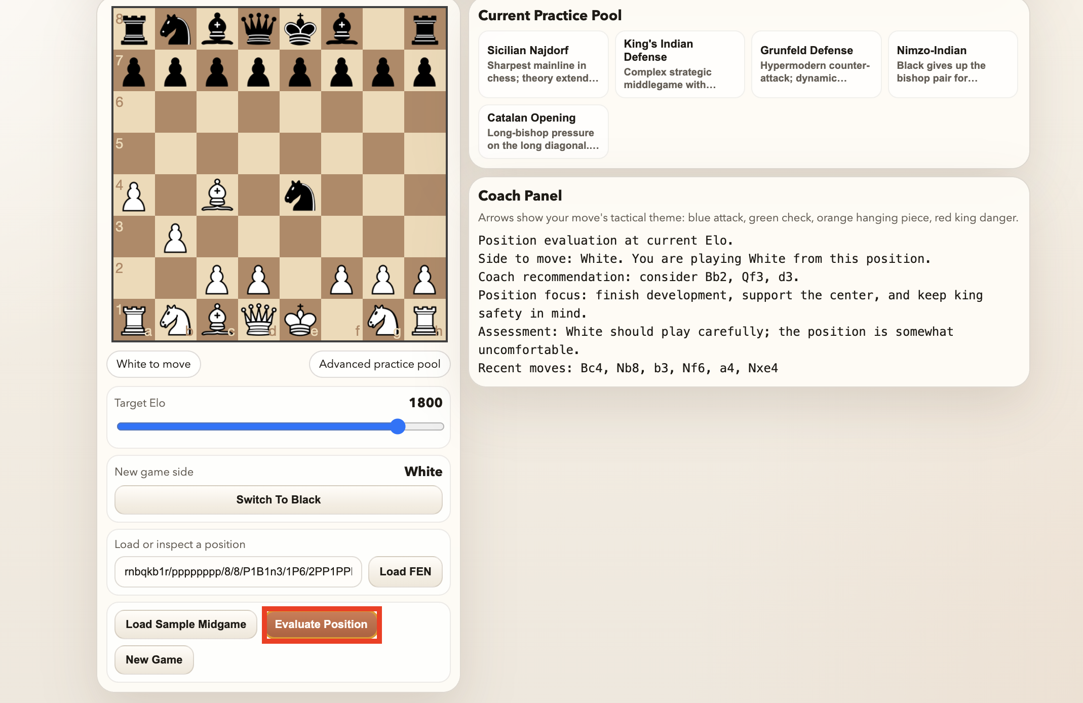 Evaluate Position output at Elo 1800